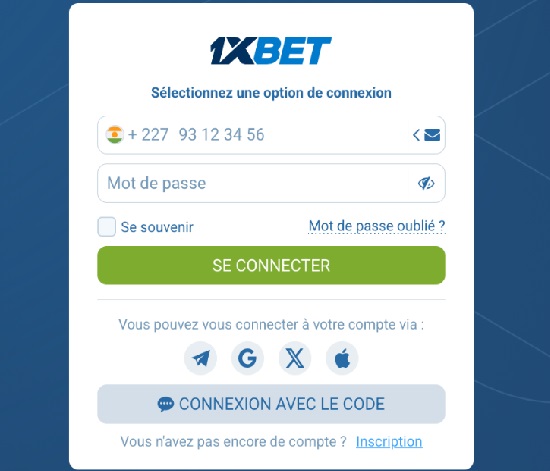 Formulaire de connexion 1xBet avec téléphone