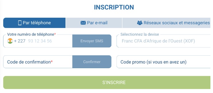 Formulaire d'inscription téléphonique 1xbet au Niger indiquant la devise XOF